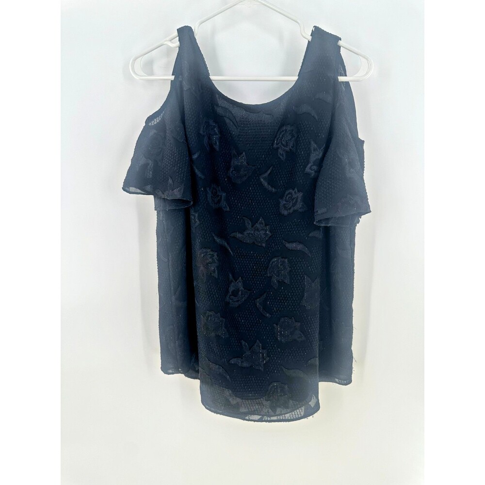 Cooper & Ella Black Floral Jacquard Cold Shoulder Blouse Sheer Cutout Top Size M